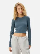 Cotton Long-Sleeve Crop T-shirt - Azure