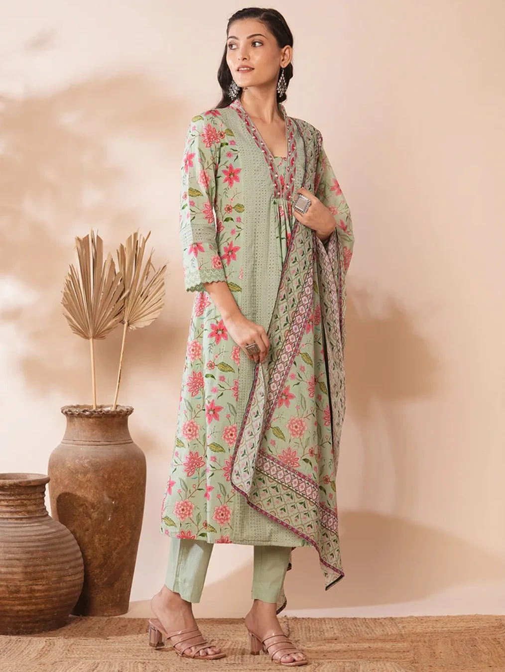 Green Floral Print Ethnic Costume