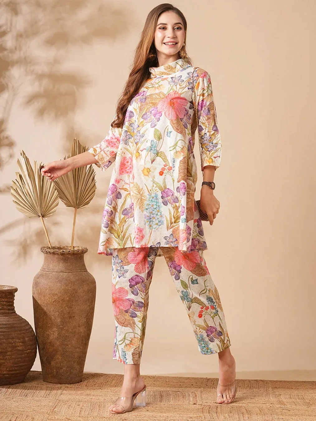 A-Line Kurti with Floral Print Pants